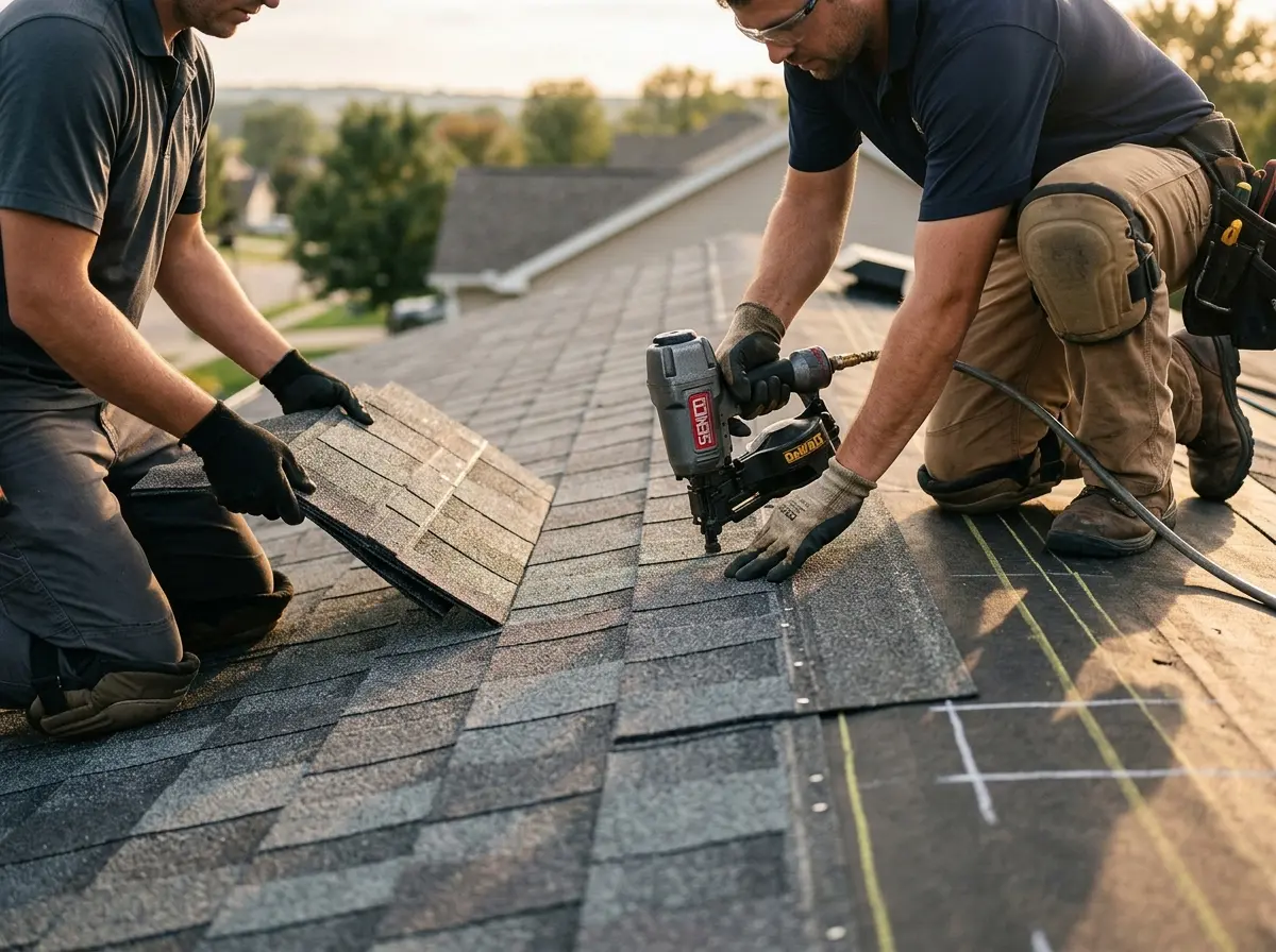 Professional roofer working on a residential roof in Le Roy